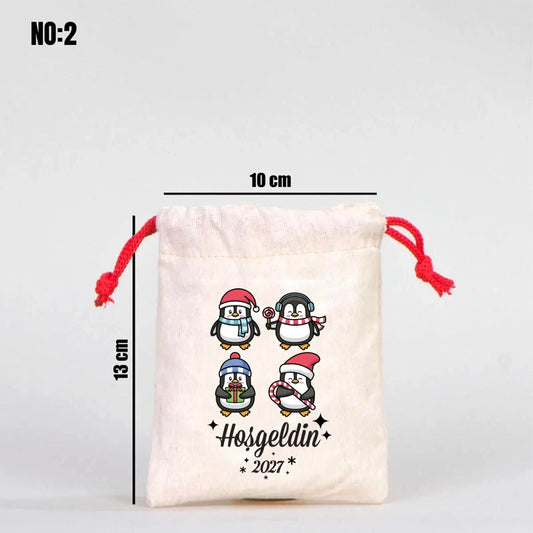Yılbaşı Bez Kese 10x13 cm - Renkli İp - Kırmızı (Özelleştirilebilir) - detay görünüm