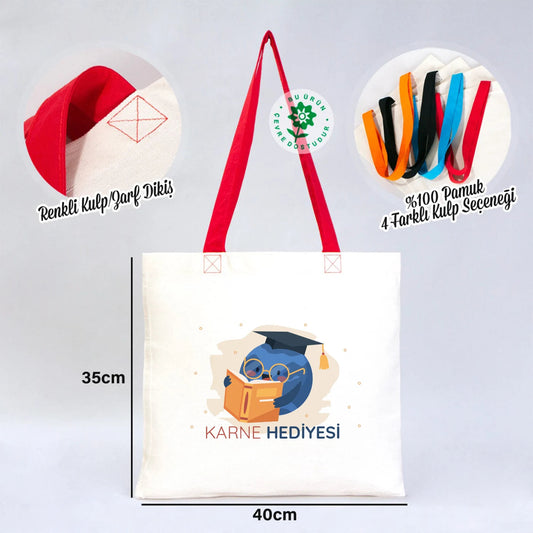 40×35 cm ebatlarında, kırmızı saplı bez çanta. Ön yüzünde ürün grubuna ait 18 farklı karne temalı tasarımdan biri yer alır.