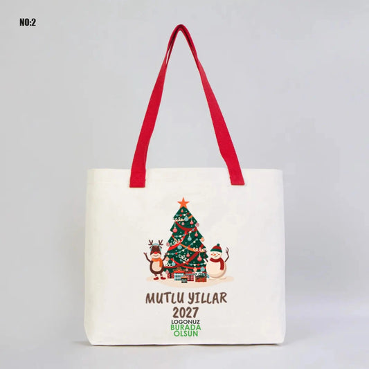 Yılbaşı Modern Kanvas Çanta - Dıştan Renkli Örgü Kulp 45x35x8 cm - detay görünüm