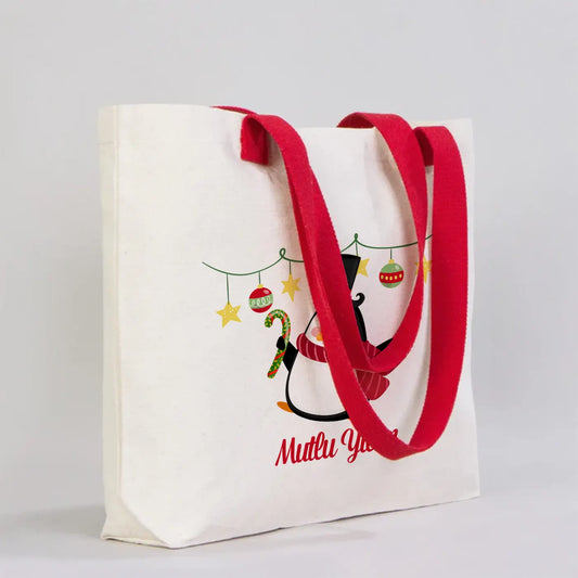 Yılbaş Özelı Modern Kanvas Çanta - Dıştan Renkli Örgü Kulp 45x35x8 cm (Özelleştirilebilir)