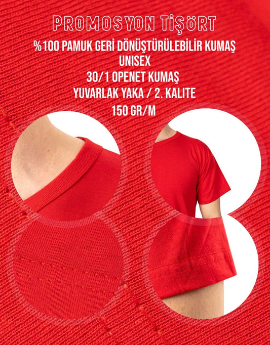 Ay Yıldız Baskılı Kırmızı Promosyon Tişört - 1000 Adet - Tek Renk Baskı - detay görünüm