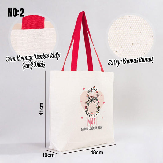 8 Mart Kadınlar Günü Kanvas Plaj Çantası 48x41x10 cm - Renkli Kulp - istecanta.com