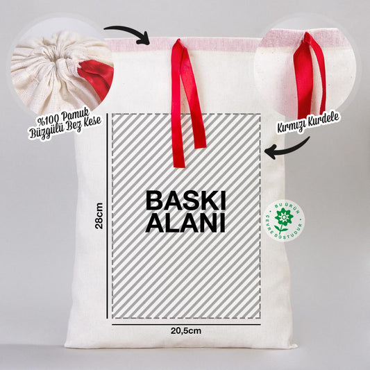 Bez Kese Kırmızı Kurdelalı - 30x40 cm (Özelleştirilebilir) - istecanta.com
