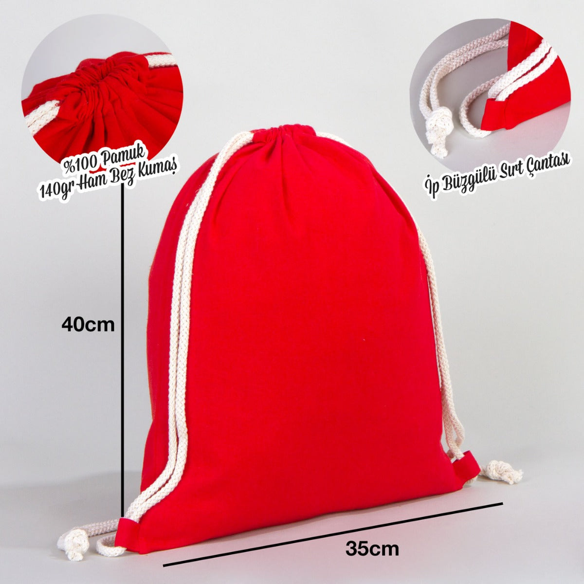 Ham Bez Kırmızı İp Büzgülü Sırt Çanta - 35x40 cm (Küçük Boy) - istecanta.com