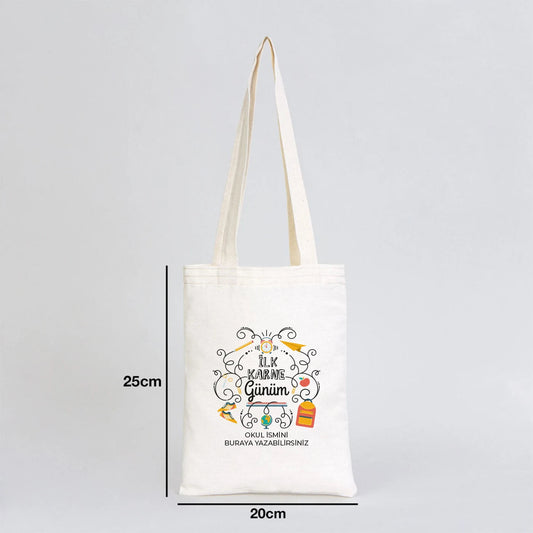 20×25 cm doğal renkli pamuk tote çanta, ön yüzünde karne günü temalı renkli baskı bulunan okul çantası.