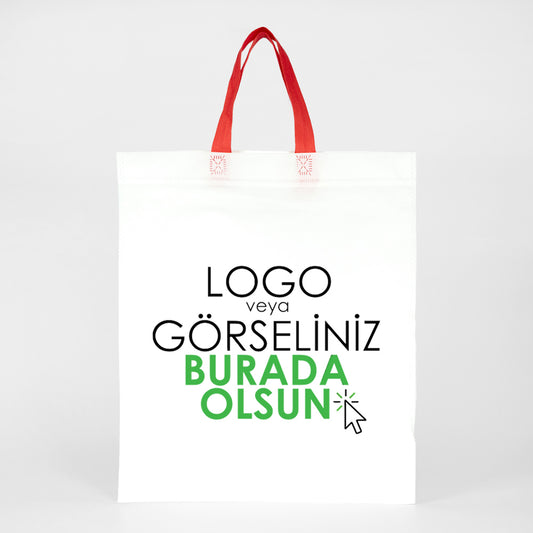 Tela Çanta Ultrasonik - Kırmızı Kulplu - 35x40cm (Özelleştirilebilir) 1000 Adet Tek Renk Baskı - istecanta.com