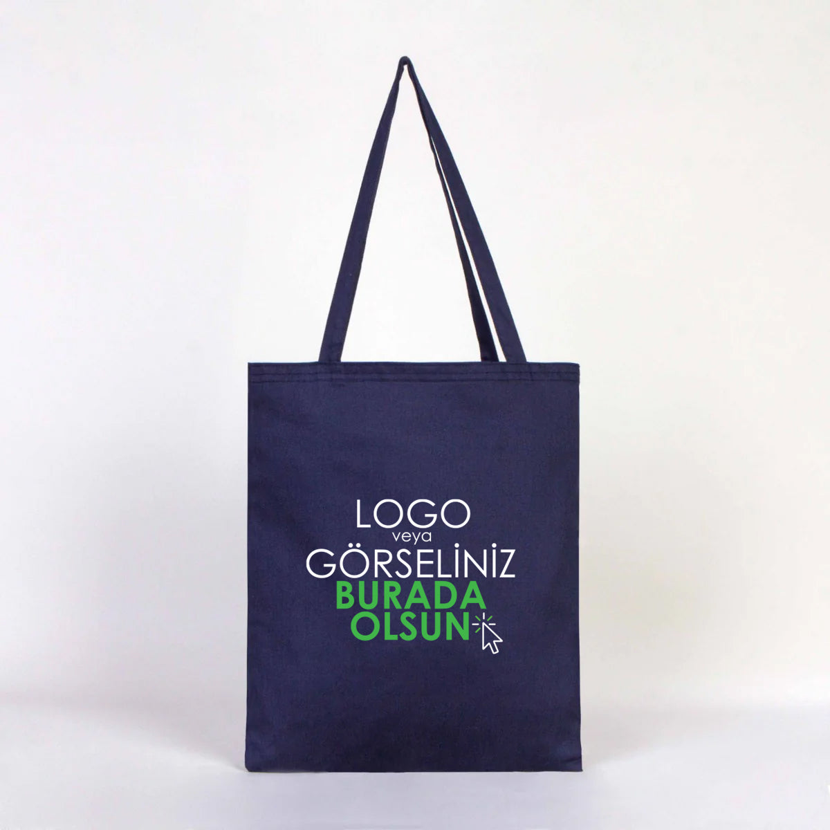 35×40 cm lacivert kanvas çantanın ön yüzünde, ürün grubuna ait 18 farklı desen seçeneğinden biri bulunur.