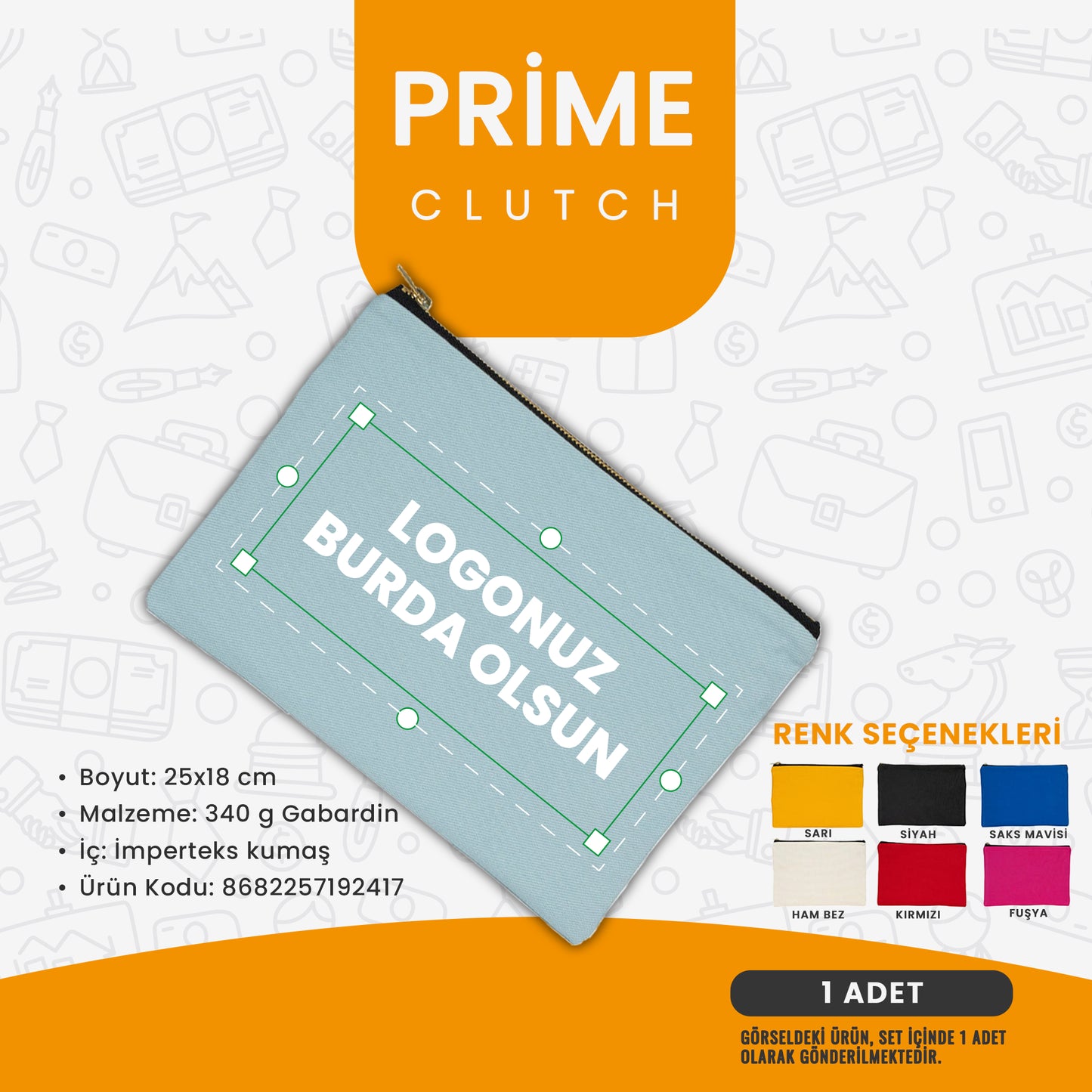 Logo baskılı prime clutch çanta – 340 gr gabardin kumaş, imperteks astarlı, farklı renk seçenekli kurumsal hediye çantası