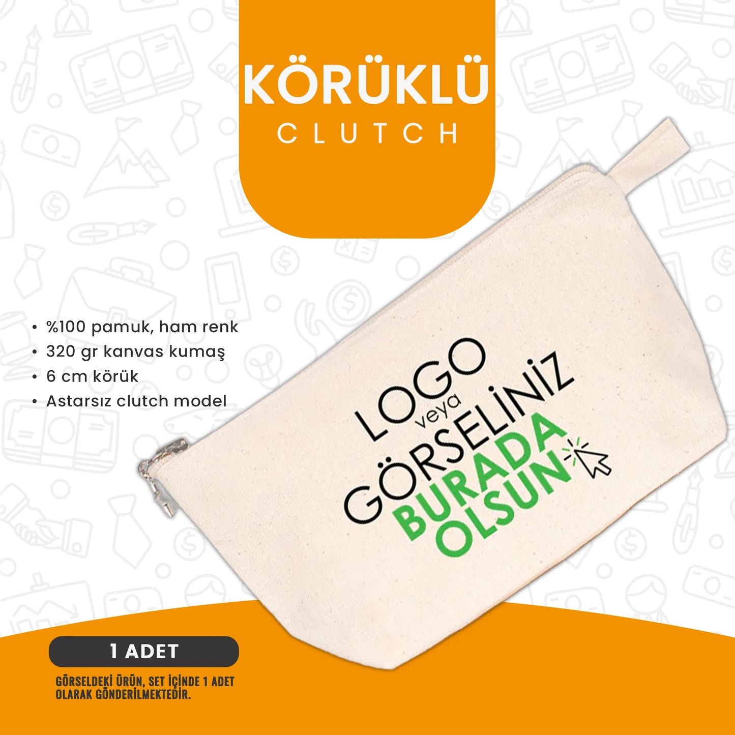 Körüklü kanvas clutch çanta – 100 pamuk ham bez, 6 cm körüklü, logolu baskı yapılabilir.