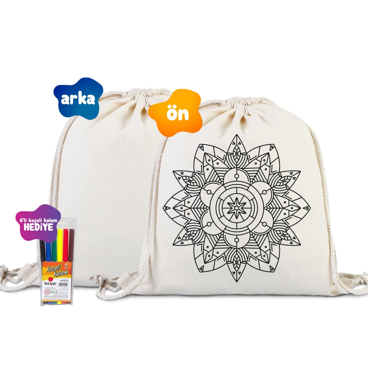 Mandala Çiçek - Boyanabilir Büzgülü Sırt Çanta - Kalemli - istecanta.com