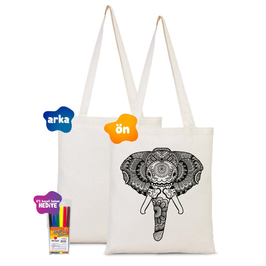 Mandala Fil - Boyanabilir Çanta - Kalemli - istecanta.com