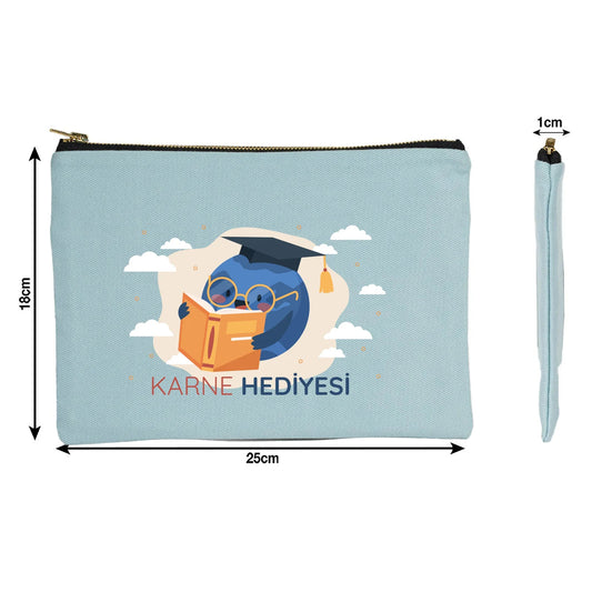 Açık mavi karne günü temalı clutch çanta 25×18 cm, okul figürlü ve özelleştirilebilir karne hediyesi tasarımı