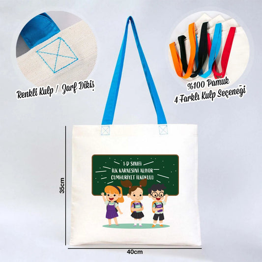 Karne Hediyesi baskılı, mavi saplı 40×35 cm bez tote çanta; dünya figürü, mezuniyet kepi, kitap ve balon desenli okul temalı çanta.