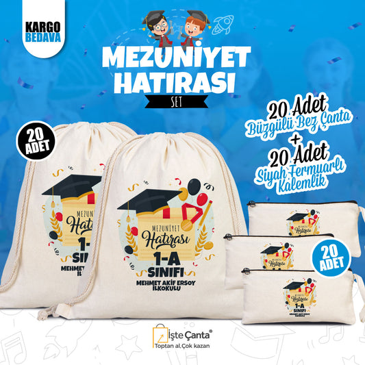 Mezuniyet Hatırası Set (Özelleştirilebilir) - 20 Adet Büzgülü Çanta / 20 Adet Kalemlik - istecanta.com
