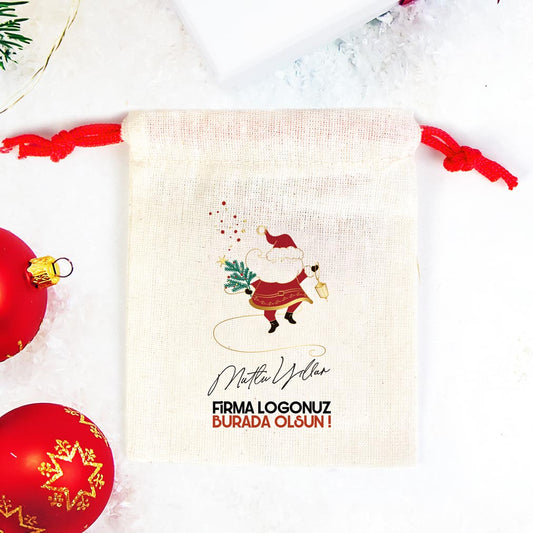 Noel Baba Baskılı Yılbaşı Hediye Kesesi - Renkli İp (Özelleştirilebilir) - istecanta.com