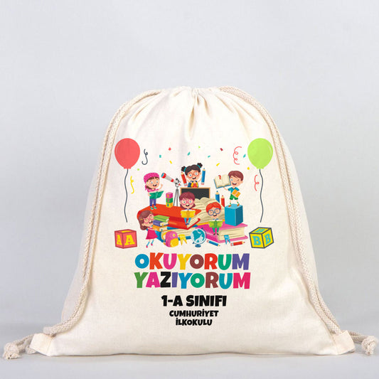 Okuyorum Yazıyorum Set (Özelleştirilebilir) - 20 Adet Büzgülü Çanta / 20 Adet Kalemlik - istecanta.com