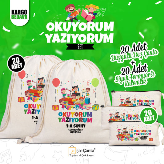 Okuyorum Yazıyorum Set (Özelleştirilebilir) - 20 Adet Büzgülü Çanta / 20 Adet Kalemlik - istecanta.com