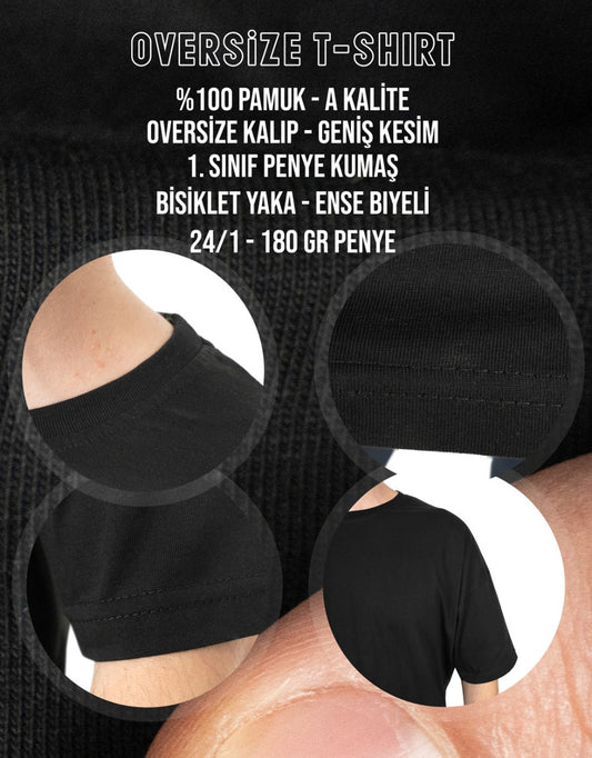 Oversize Bisiklet Yaka Baskısız Tişört Siyah - istecanta.com