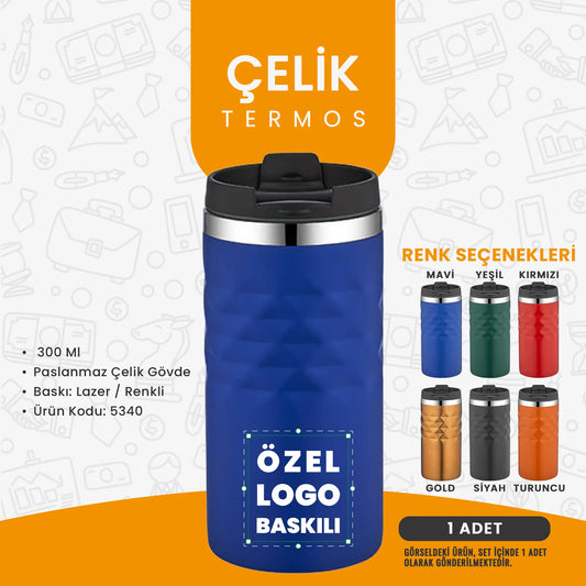 “Özel logo baskılı 300 ml çelik termos; lazer ve renkli baskı seçenekli kurumsal termos modeli.”