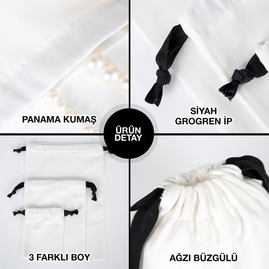 Siyah İpli Bez Kese - Beyaz Panama Kumaş - 15x20cm - istecanta.com