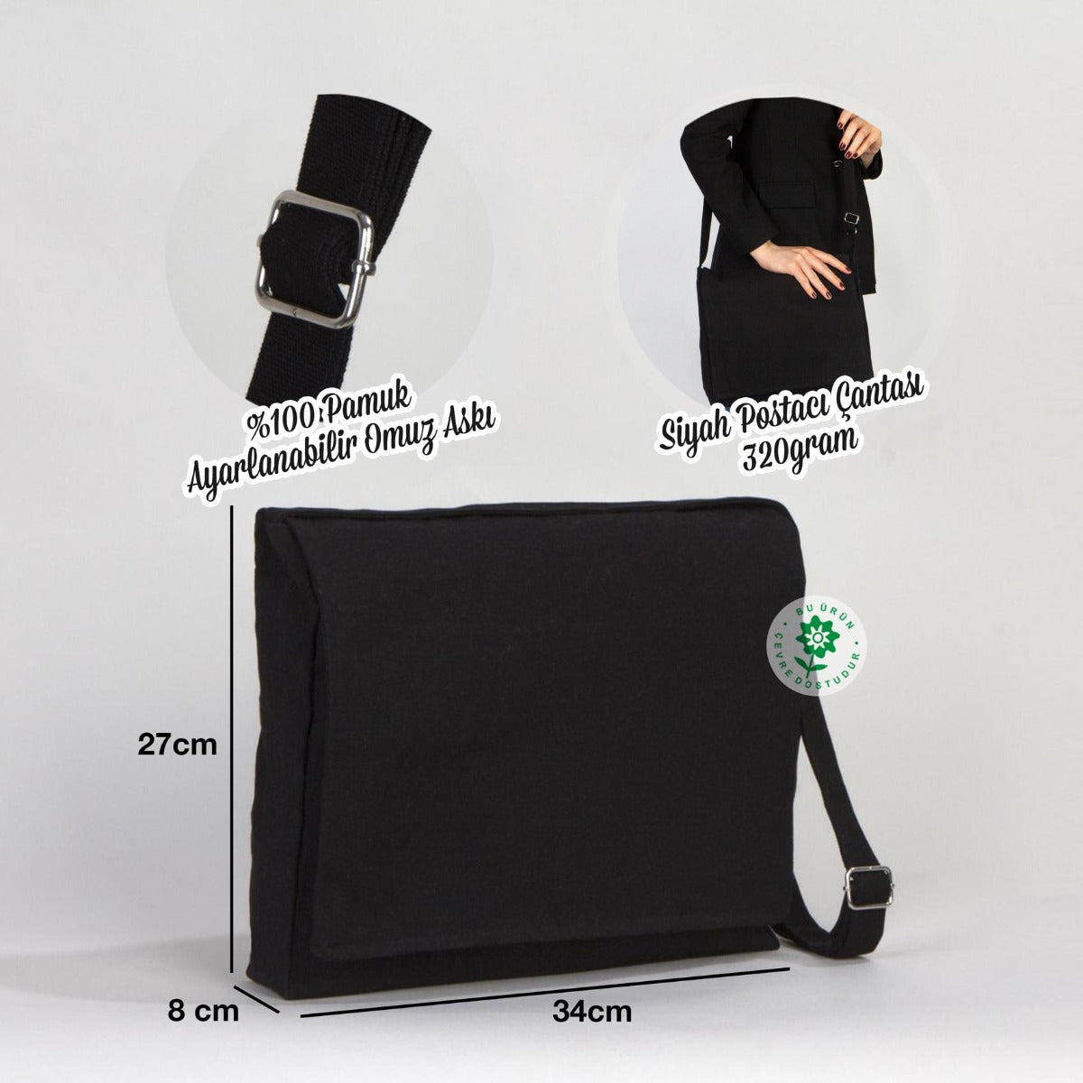 Siyah Kanvas Postacı Çantası 34x27x8cm - istecanta.com