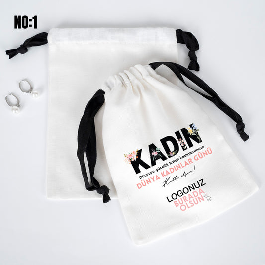 Kadınlar Günü 8 Mart Özel Siyah İpli Bez Kese - Beyaz Panama Kumaş - 15x20 cm - istecanta.com