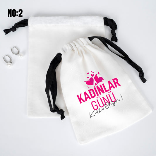 Kadınlar Günü 8 Mart Özel Siyah İpli Bez Kese - Beyaz Panama Kumaş - 15x20 cm - istecanta.com