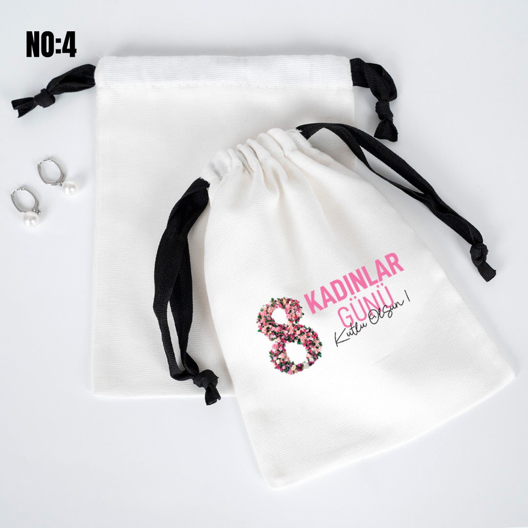 Kadınlar Günü 8 Mart Özel Siyah İpli Bez Kese - Beyaz Panama Kumaş - 15x20 cm - istecanta.com