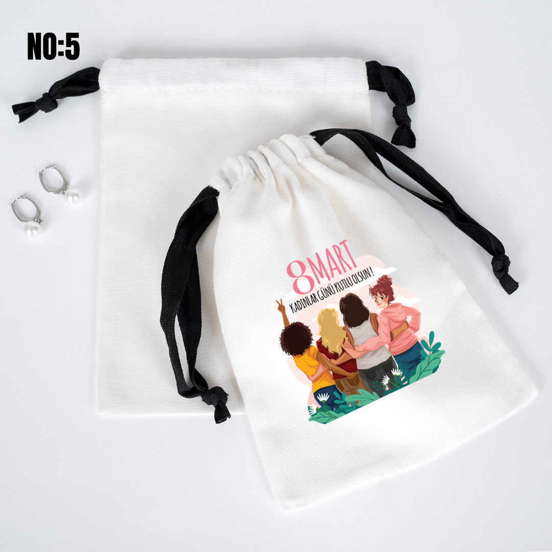 Kadınlar Günü 8 Mart Özel Siyah İpli Bez Kese - Beyaz Panama Kumaş - 15x20 cm - istecanta.com