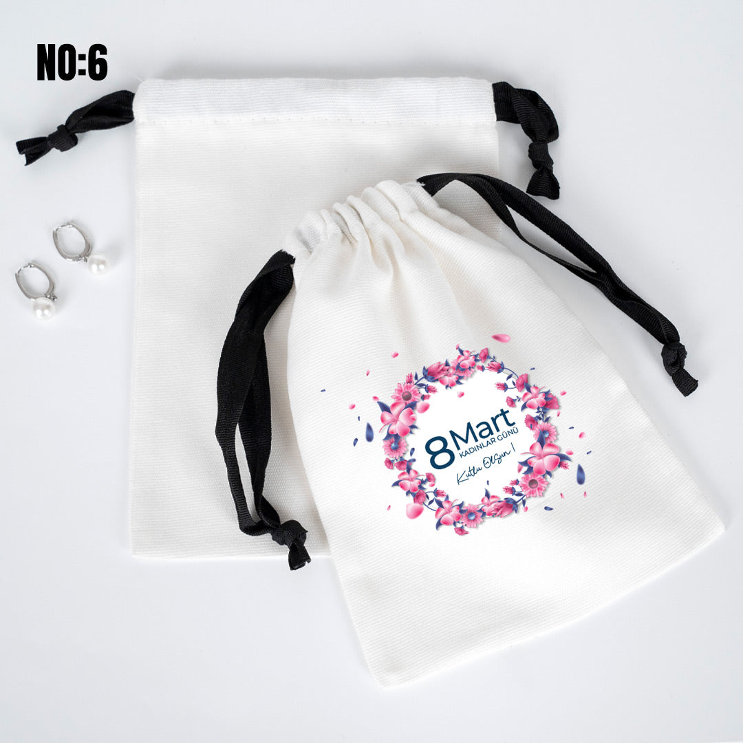 Kadınlar Günü 8 Mart Özel Siyah İpli Bez Kese - Beyaz Panama Kumaş - 15x20 cm - istecanta.com