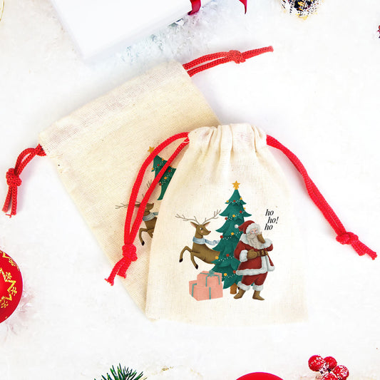 Yılbaşı Bez Kese Noel Baba Baskılı - Renkli İp - istecanta.com