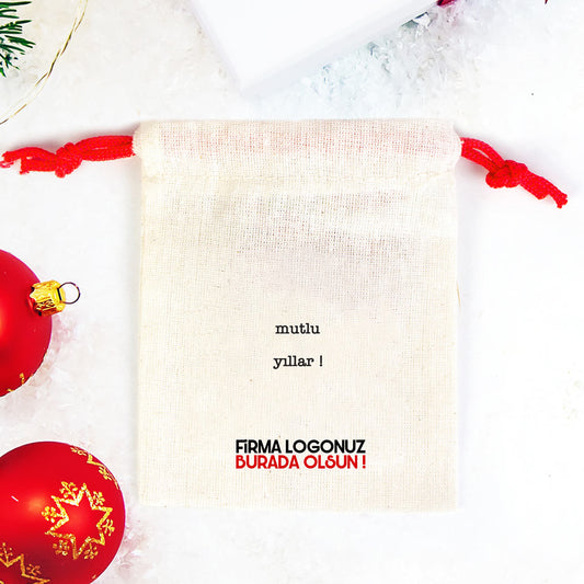 Mutlu Yıllar Minimalist Baskılı Bez Kese - Renkli İp (Özelleştirilebilir) - istecanta.com