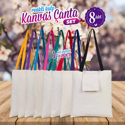 Renkli Kulp Kanvas Çanta Seti - Her Üründen 1 Adet - istecanta.com