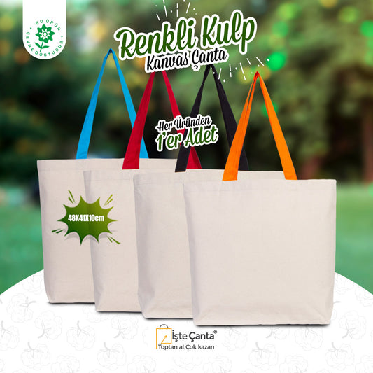 Kanvas Plaj Çantası Renkli Kulp Set 48x41x10 cm - Her Üründen 1 Adet - istecanta.com