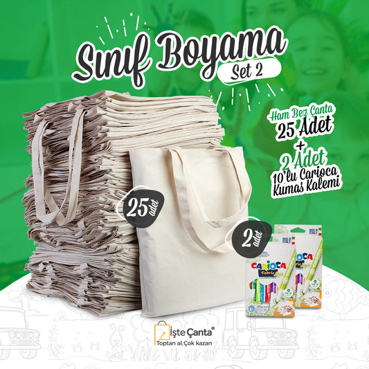 Sınıf Boyama Set 2 - 25 Adet Ham Bez Çanta / 2 Adet Carioca Kumaş Boya Kalemi - istecanta.com