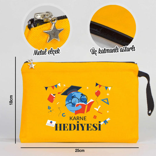 Sarı karne günü temalı kanvas clutch çanta, okul figürlü ve özelleştirilebilir karne hediyesi tasarımı