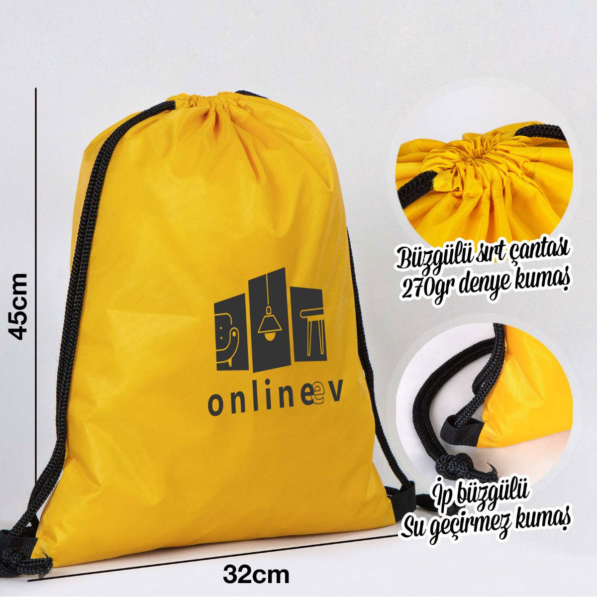 Sarı İmperteks Büzgülü Sırt Çantası - 32x45 cm (Özelleştirilebilir) - istecanta.com