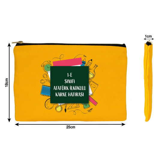 Sarı karne günü temalı Prime clutch çanta, okul figürlü ve özelleştirilebilir karne hediyesi tasarımı