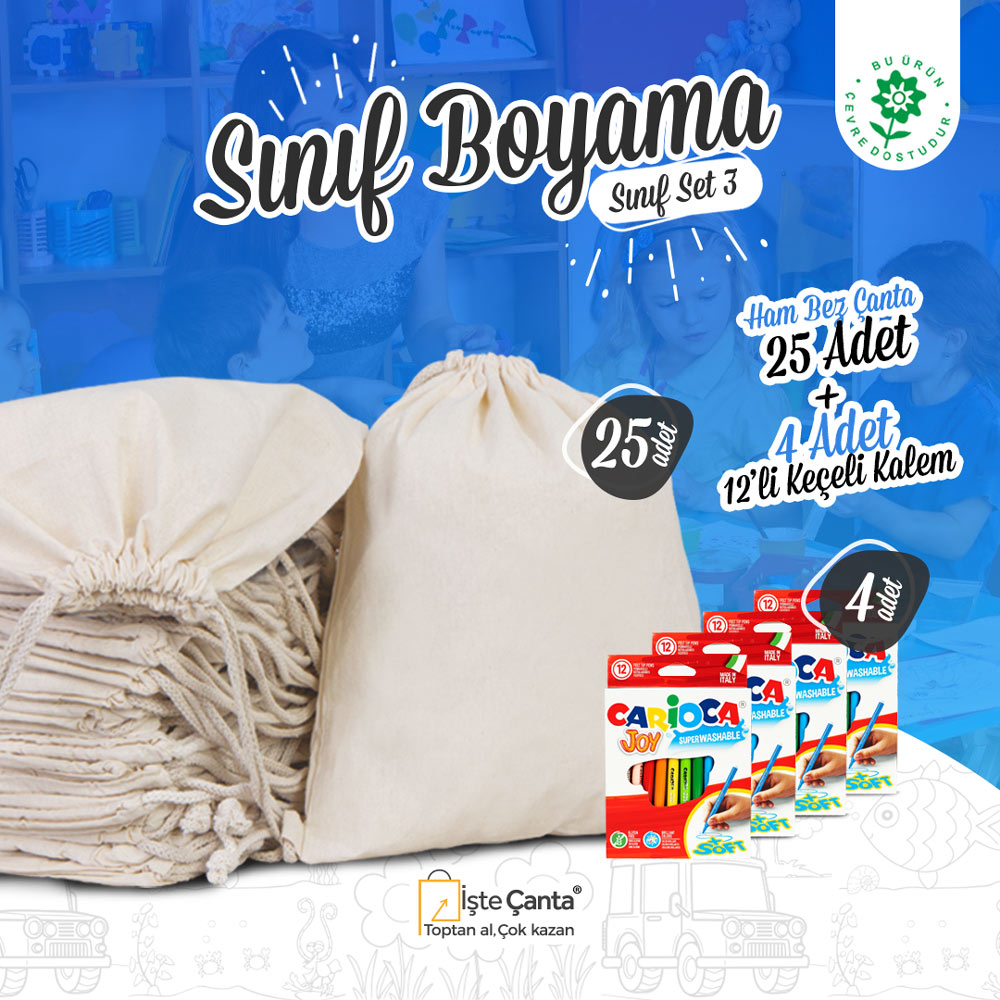 Büzgülü Sınıf Boyama Set 3 - 25 Adet Ham Bez Büzgülü Sırt Çantası / 4 Adet Keçeli Kalem 12'li - istecanta.com