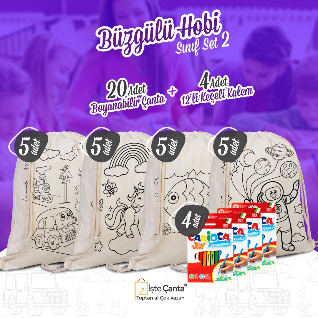 Büzgülü Çanta Hobi Boyama Set 2 - 20 Adet Boyanabilir Büzgülü Çanta / 4 Adet Keçeli Kalem 12'li - istecanta.com