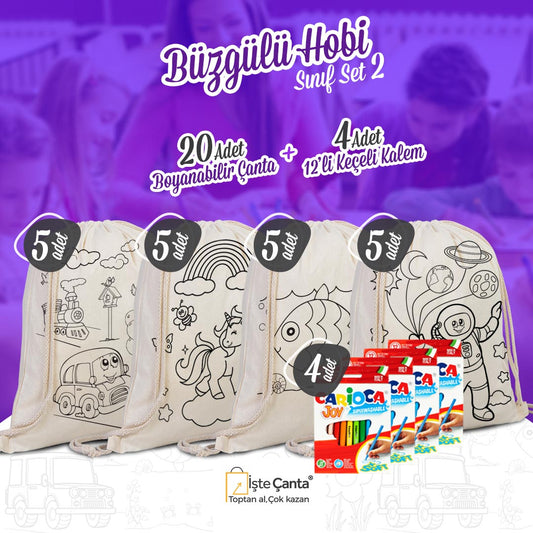 Büzgülü Çanta Hobi Boyama Set 2 - 20 Adet Boyanabilir Büzgülü Çanta / 4 Adet Keçeli Kalem 12'li - istecanta.com