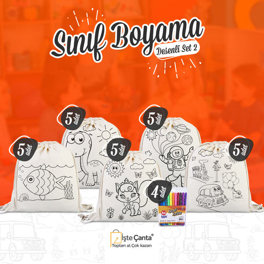 Sınıf Boyama Desenli Set 2 - 25 Adet Boyanabilir Büzgülü Çanta / 4 Adet Keçeli Kalem 12'li - istecanta.com