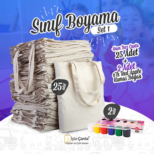 Sınıf Boyama Set 1 - 25 Adet Ham Bez Çanta / 2 Adet Red Apple 6'lı Kumaş Boyası - istecanta.com