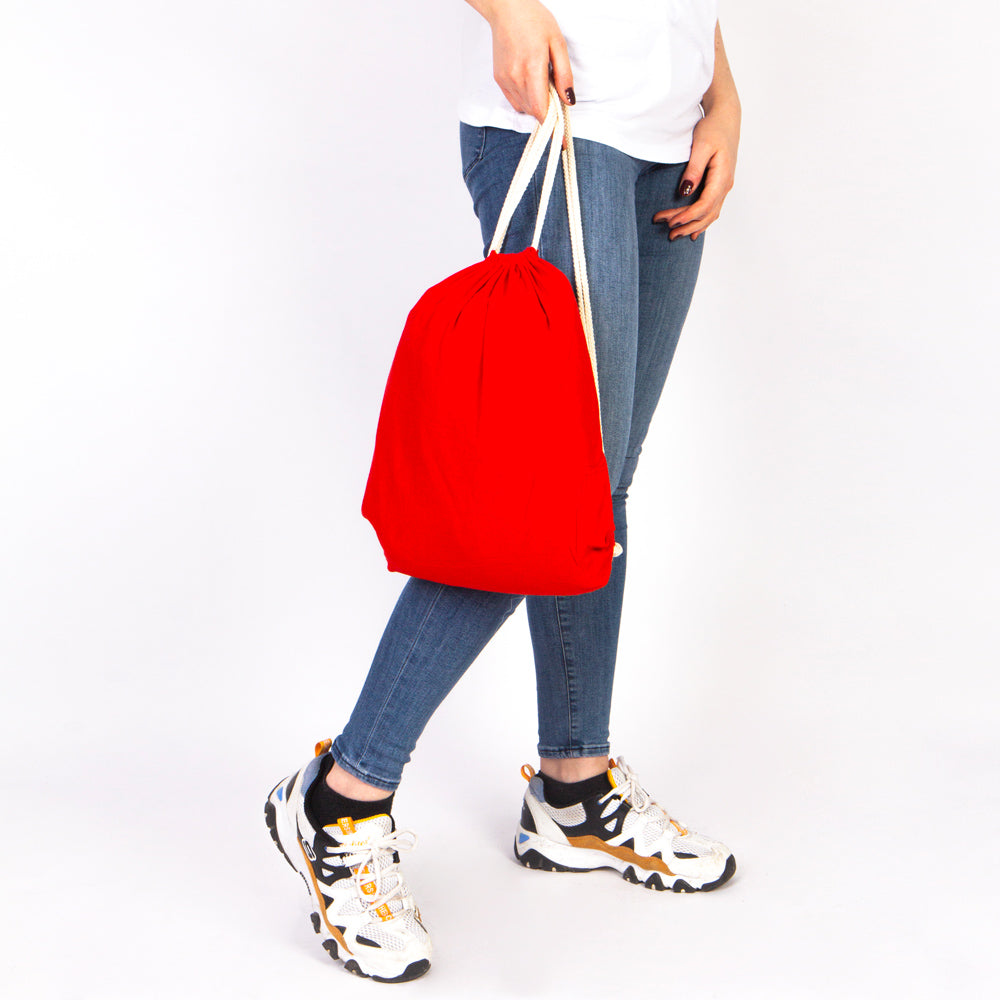 Ham Bez Kırmızı İp Büzgülü Sırt Çanta - 35x40 cm (Küçük Boy) - istecanta.com