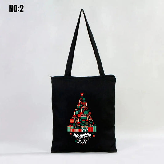 Fermuarlı Siyah Gabardin Çanta 35x40 cm Yılbaşı Bez Çanta Baskılı - detay görünüm