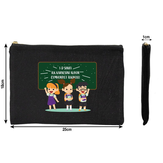 Siyah karne günü temalı Prime clutch çanta, okul figürlü ve özelleştirilebilir karne hediyesi tasarımı