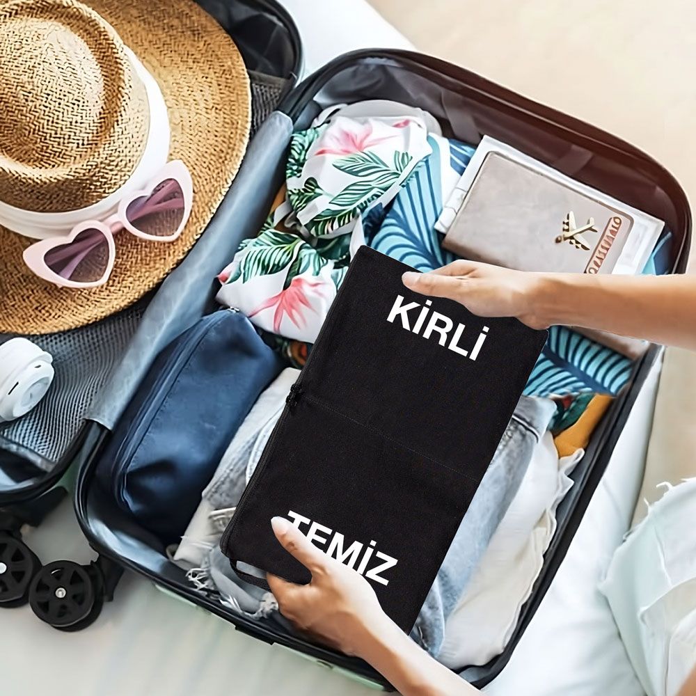 Kirli - Temiz Fermuarlı Seyahat Torbası, Siyah, 45x27 cm, Düzenleyici Torba, Çamaşır Çantası ( Özelleştirilebilir ) - istecanta.com