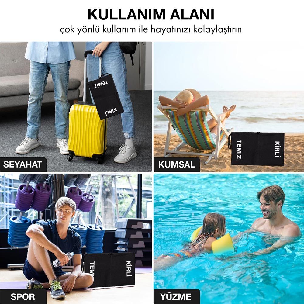 Kirli - Temiz Fermuarlı Seyahat Torbası, Siyah, 45x27 cm, Düzenleyici Torba, Çamaşır Çantası ( Özelleştirilebilir ) - istecanta.com