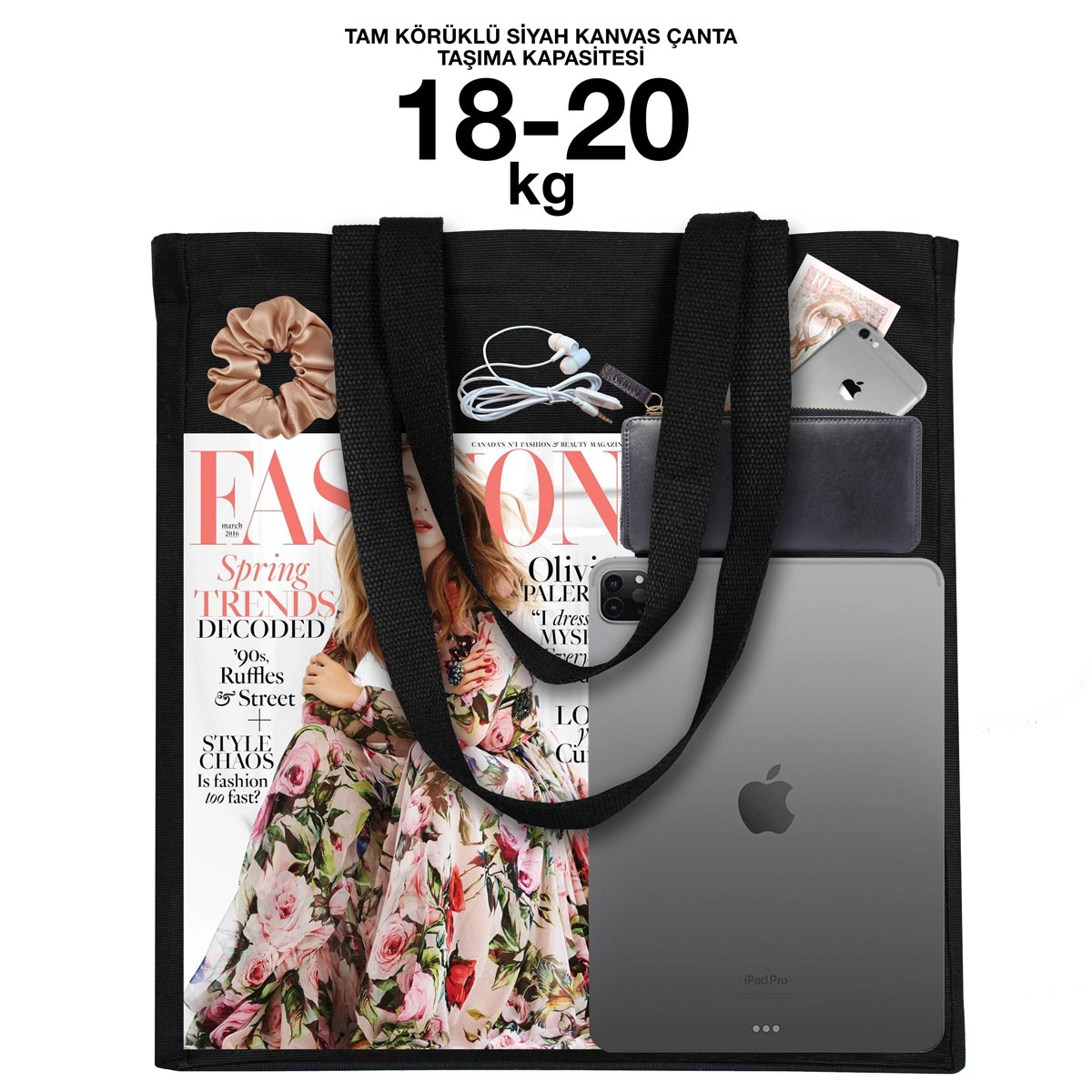 Kadınlar Günü Tam Körüklü Siyah Kanvas Çanta - 35x40x10 cm - Örgü Kulp (Özelleştirilebilir) - istecanta.com