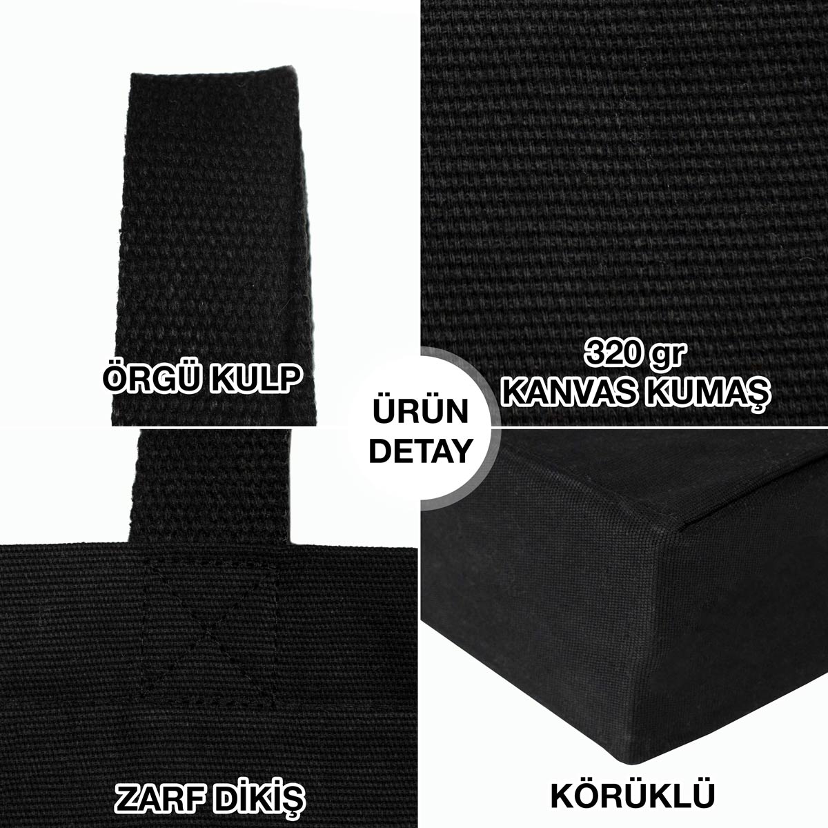 Kadınlar Günü Tam Körüklü Siyah Kanvas Çanta - 35x40x10 cm - Örgü Kulp (Özelleştirilebilir) - istecanta.com
